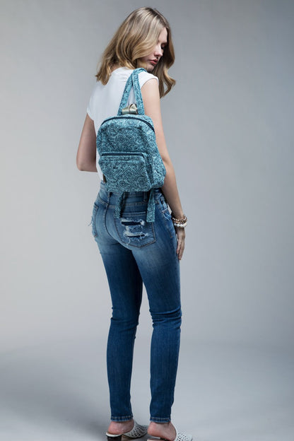 Handmade Weave Flower Handblock Print Backpack: Denim / OS