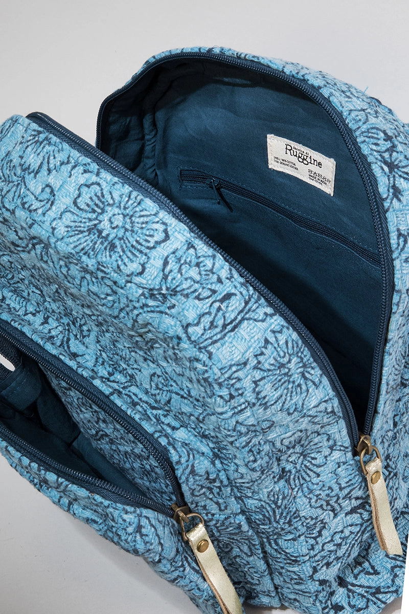 Handmade Weave Flower Handblock Print Backpack: Denim / OS