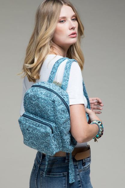 Handmade Weave Flower Handblock Print Backpack: Denim / OS