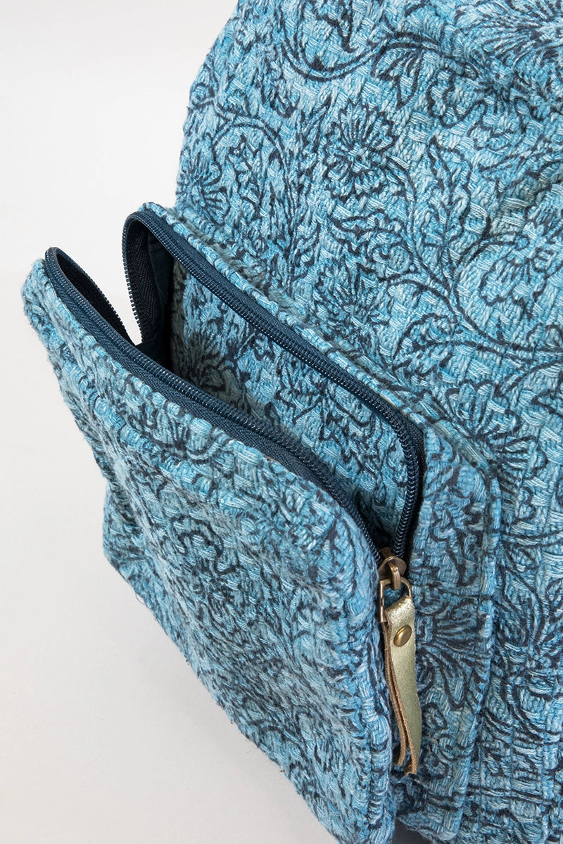 Handmade Weave Flower Handblock Print Backpack: Denim / OS