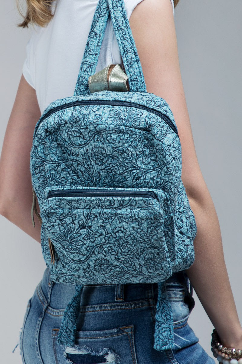 Handmade Weave Flower Handblock Print Backpack: Denim / OS
