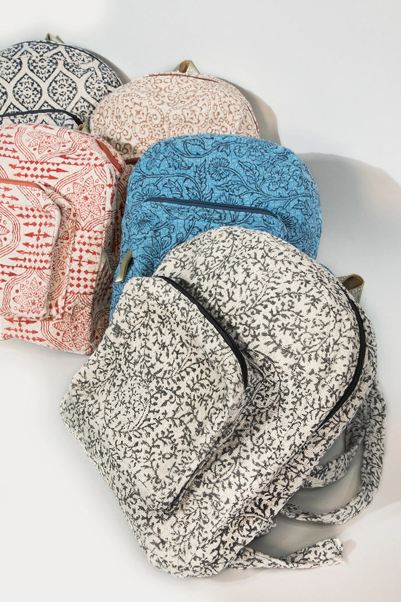 Handmade Weave Flower Handblock Print Backpack: Denim / OS
