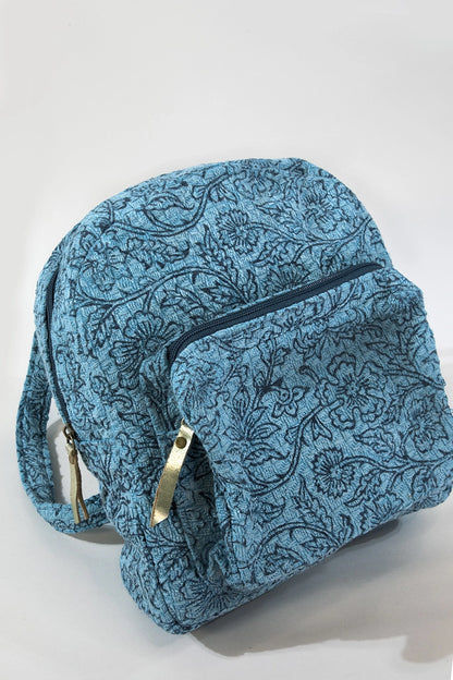 Handmade Weave Flower Handblock Print Backpack: Denim / OS