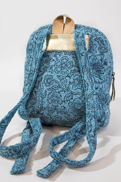 Handmade Weave Flower Handblock Print Backpack: Denim / OS