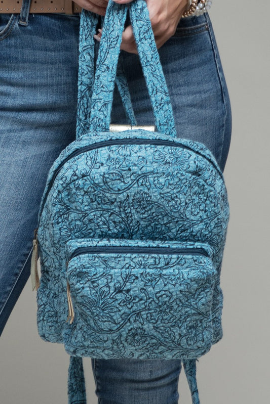 Handmade Weave Flower Handblock Print Backpack: Denim / OS